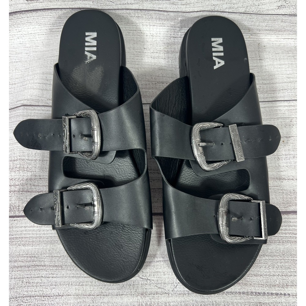 MIA Women's Sz 10 Black Western-style Double Buckle Slide Sandal Faux Leather